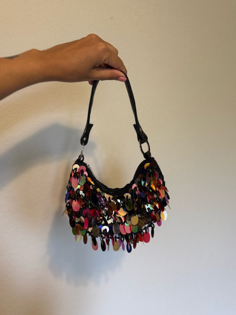 Y2K Sequined Black Mini Shoulder Bag with Multicolor Paillettes
